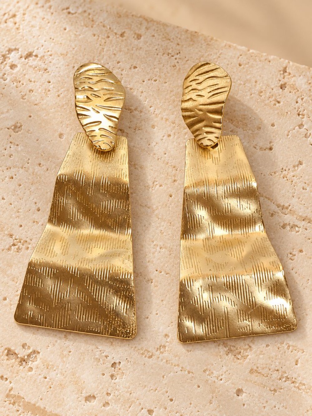 Gold Tone Statement Drop Earrings Asymmetrical Geometric Hammered Textured
